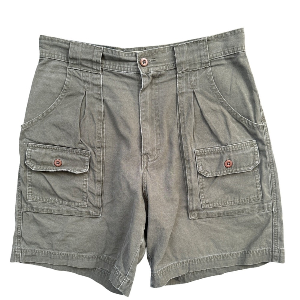 A4 Cabelas Hiker Shorts 7-Pocket Pleated‎ High Rise Gorpcore Olive Green Canvas